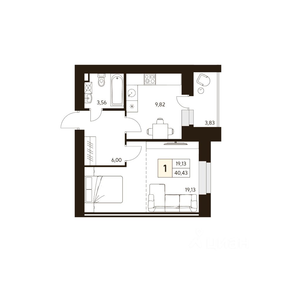 1-комн.кв., 40,4 м², 9/10 этаж