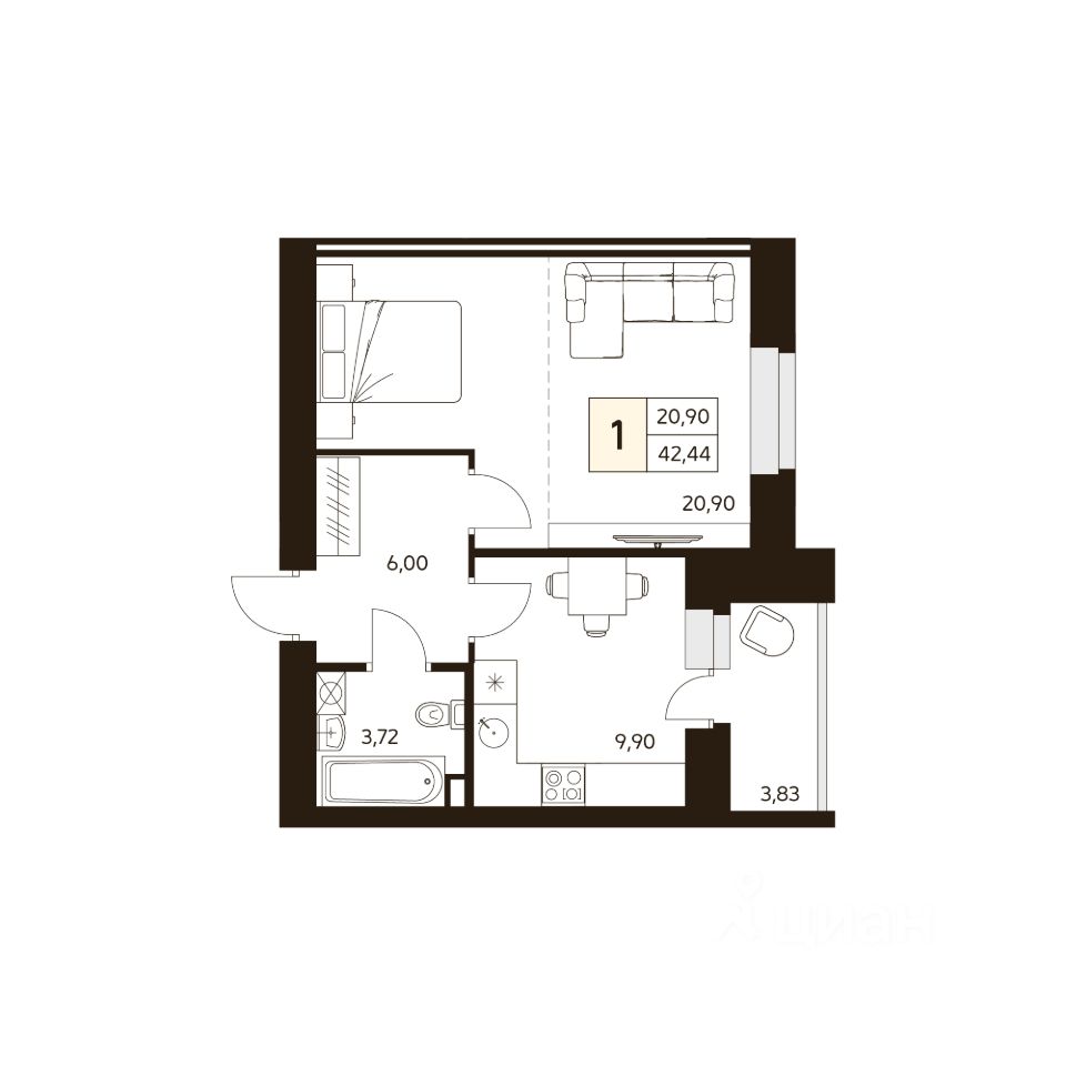 1-комн.кв., 42,4 м², 10/10 этаж