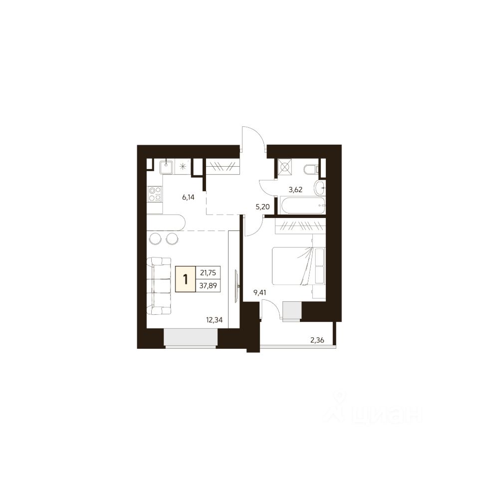 1-комн.кв., 38,1 м², 6/17 этаж