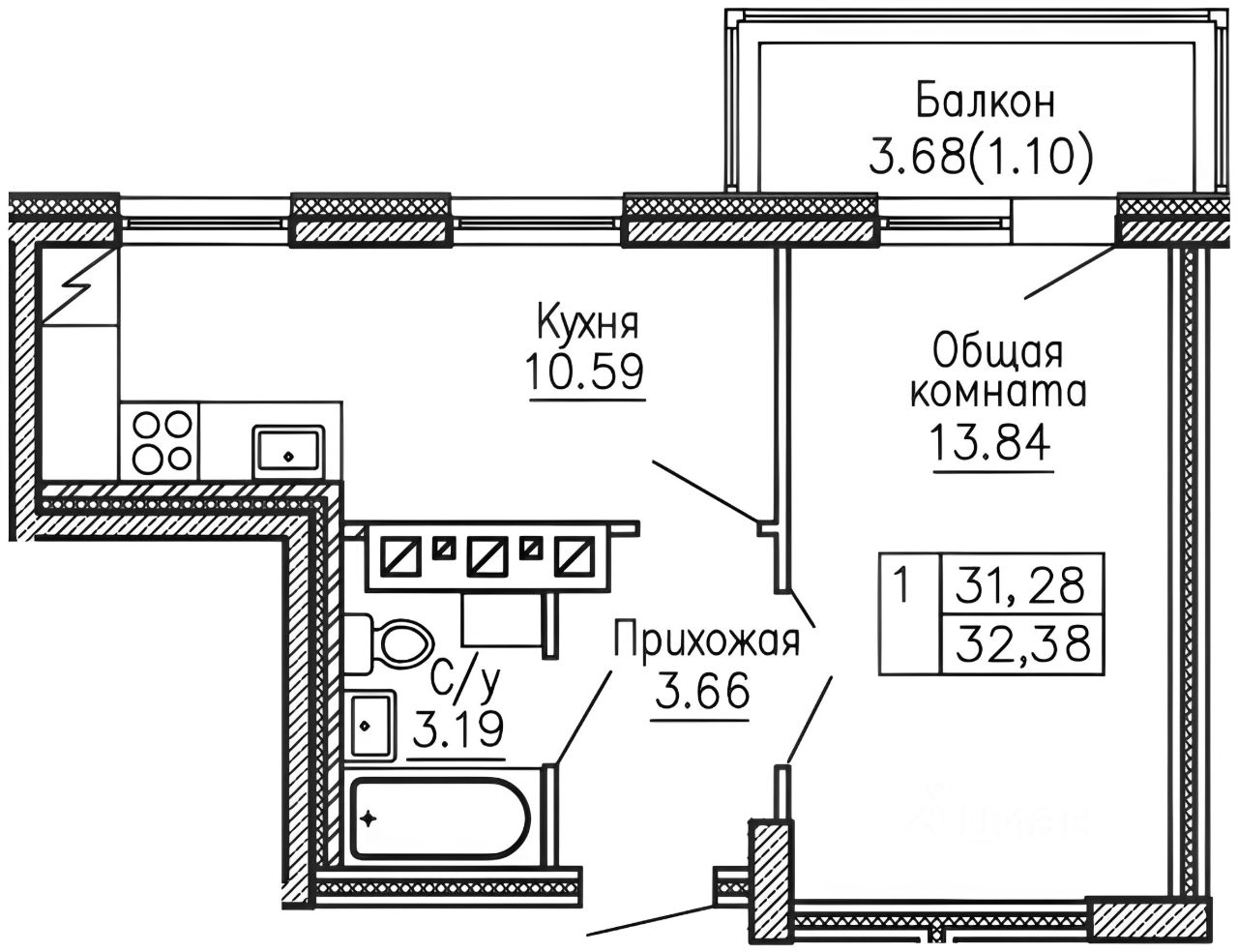 Планировка этой квартиры по данным Циан