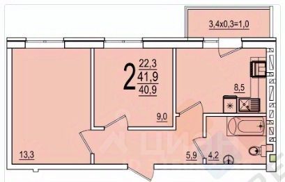 2-комн., 40,4 м², 5/5 этаж