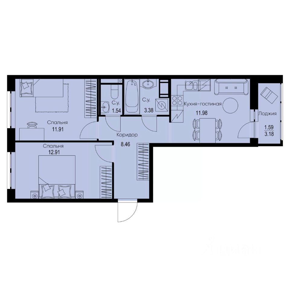 2-комн.кв., 51,8 м², 8/9 этаж