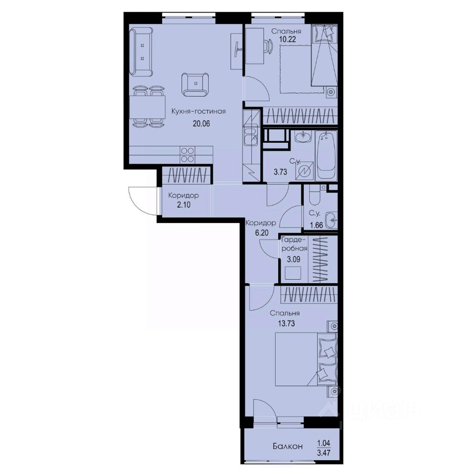 2-комн.кв., 61,8 м², 6/9 этаж