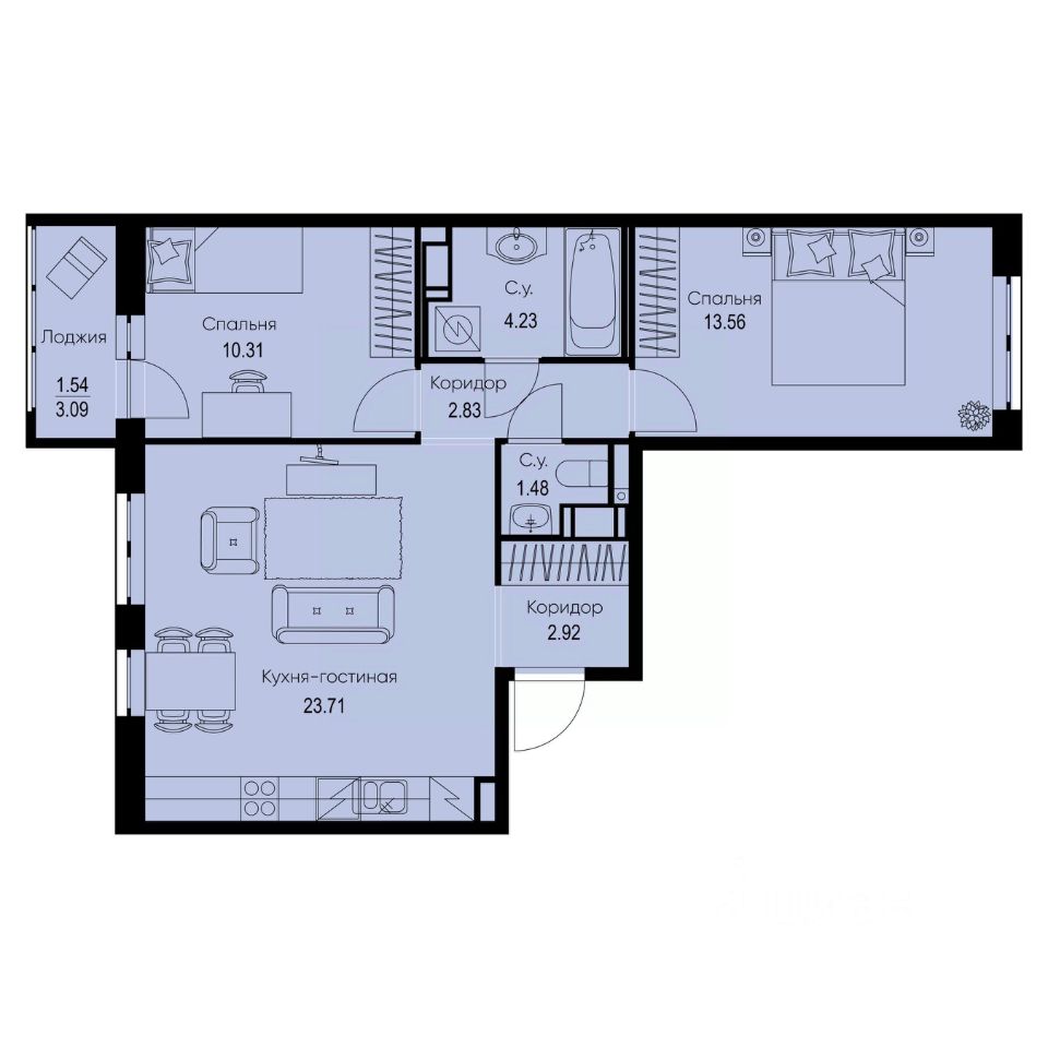 2-комн.кв., 60,6 м², 5/9 этаж