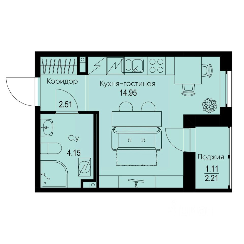 Студия, 22,7 м², 2/9 этаж