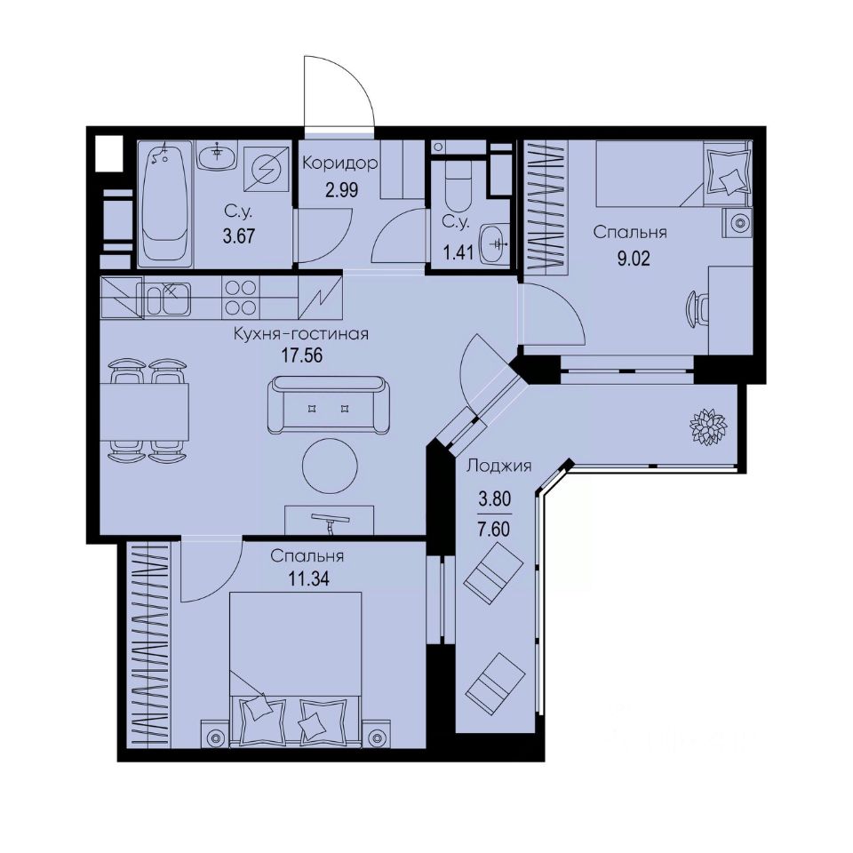 2-комн.кв., 49,8 м², 4/9 этаж