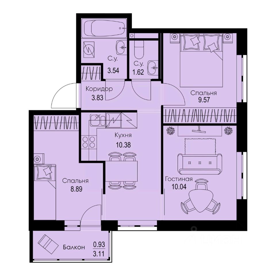 3-комн.кв., 48,8 м², 2/9 этаж