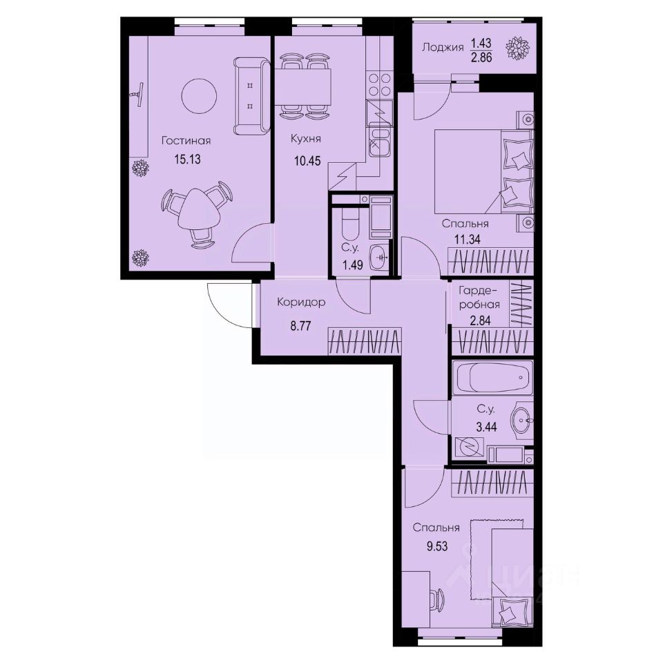 3-комн.кв., 64,4 м², 4/9 этаж