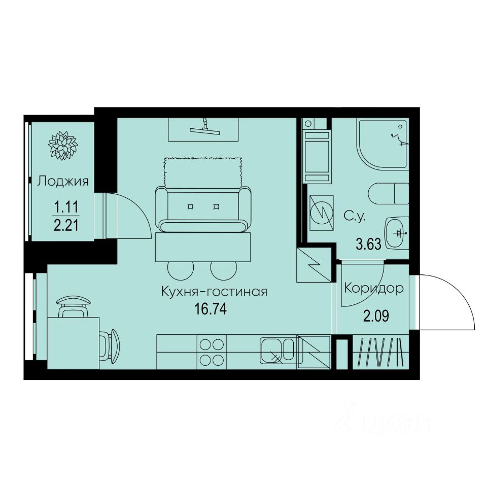 Студия, 23,6 м², 3/9 этаж
