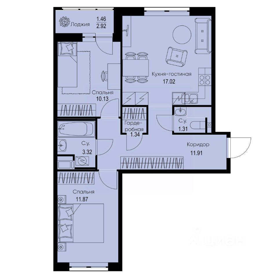 2-комн.кв., 58,4 м², 8/9 этаж