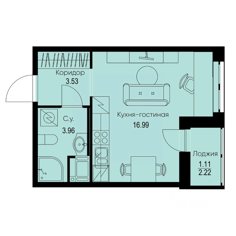 Студия, 25,6 м², 7/9 этаж