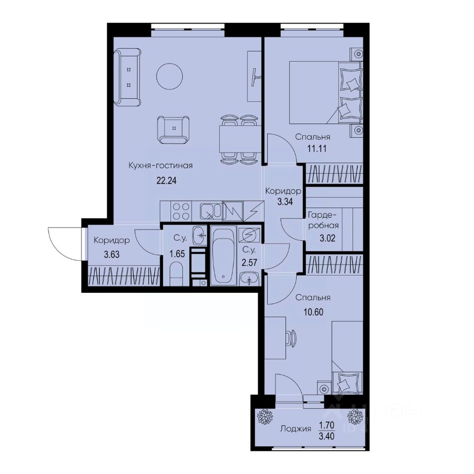 2-комн.кв., 59,9 м², 8/9 этаж