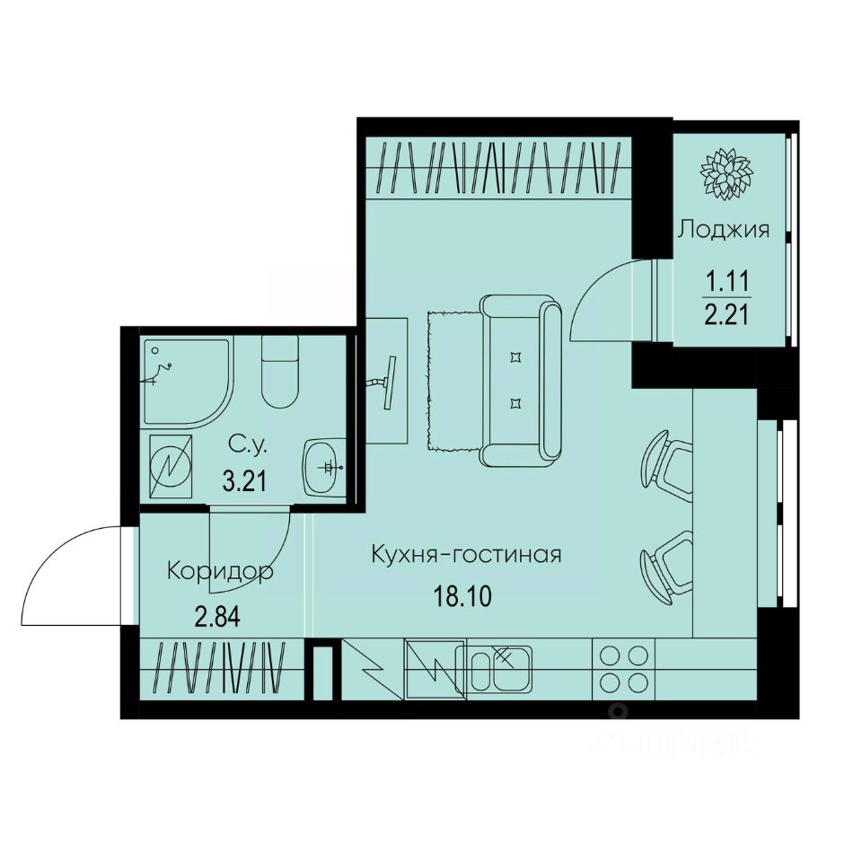 Студия, 25,3 м², 9/9 этаж