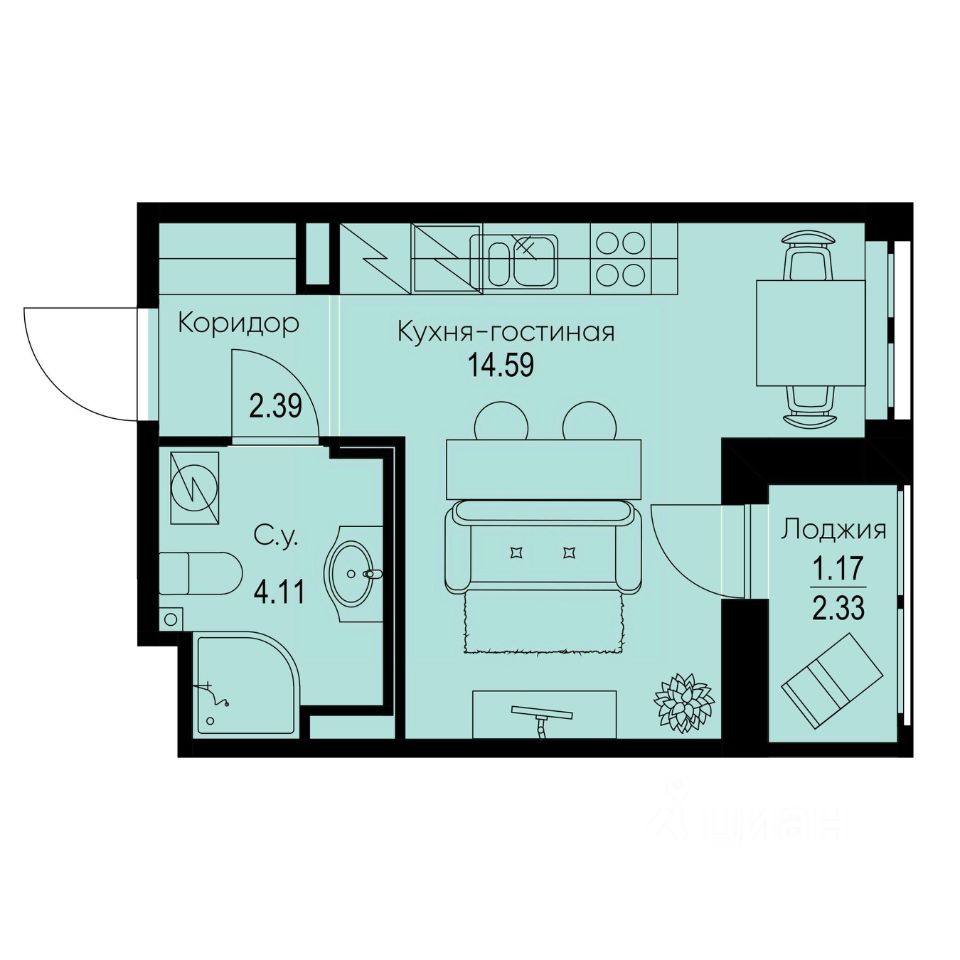 Студия, 22,3 м², 2/9 этаж