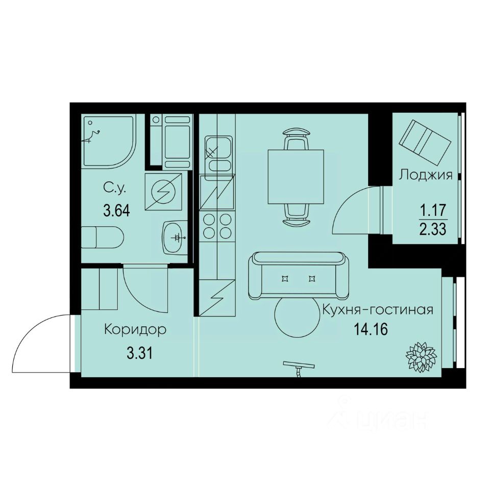 Студия, 22,3 м², 3/9 этаж
