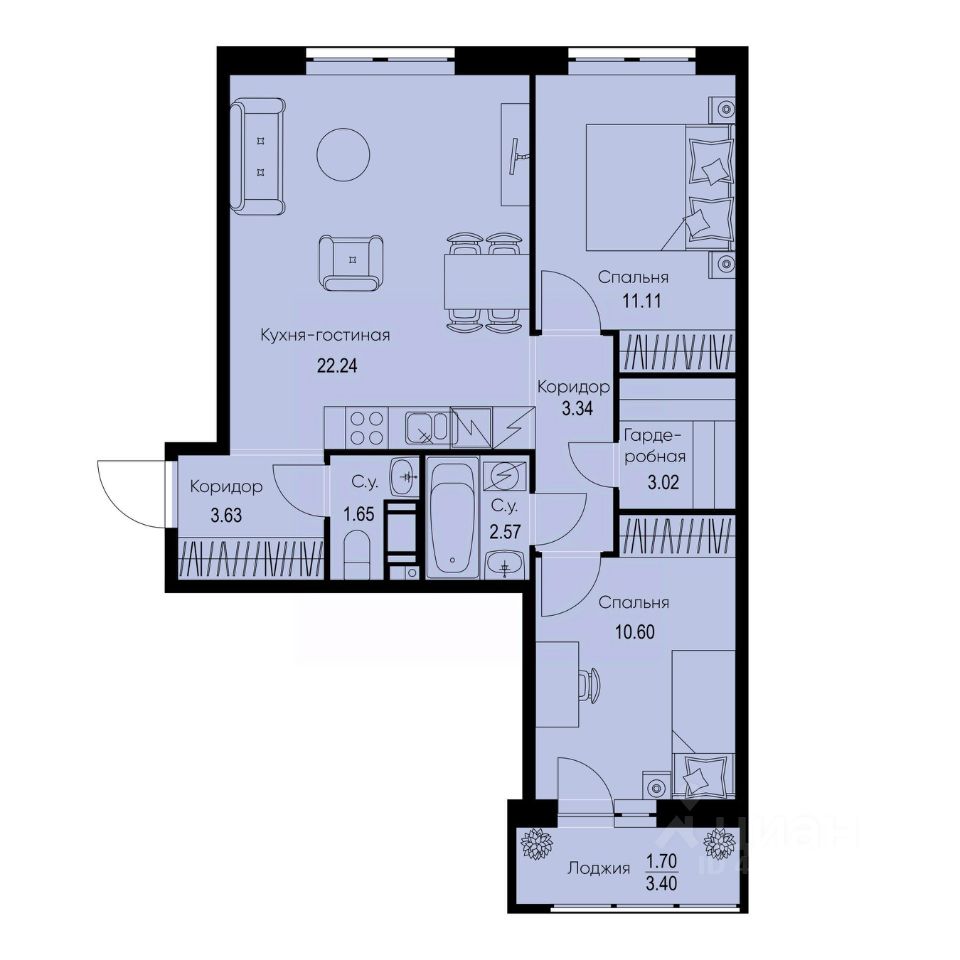 2-комн.кв., 59,9 м², 5/9 этаж