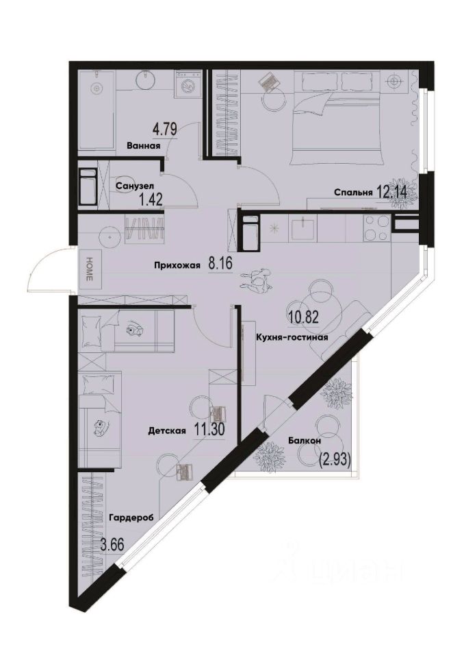 2-комн.кв., 53,2 м², 8/12 этаж