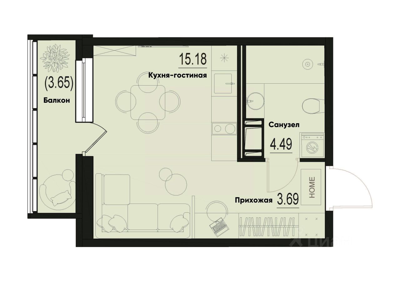 Студия, 24,4 м², 7/12 этаж