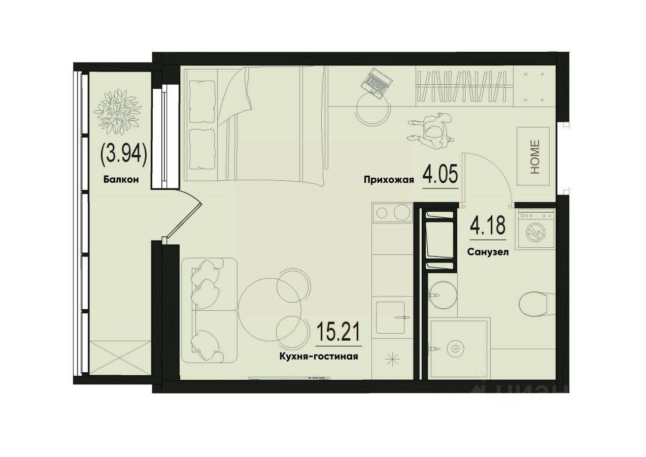 Студия, 24,6 м², 6/12 этаж