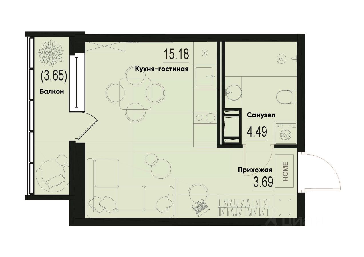 Студия, 24,4 м², 5/12 этаж