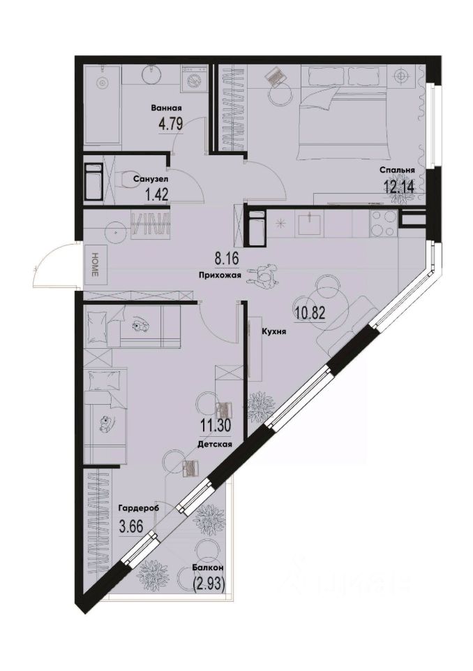 2-комн.кв., 53,2 м², 5/12 этаж