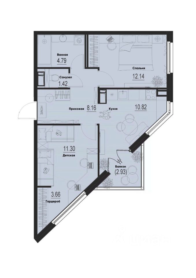 2-комн.кв., 53,2 м², 4/12 этаж