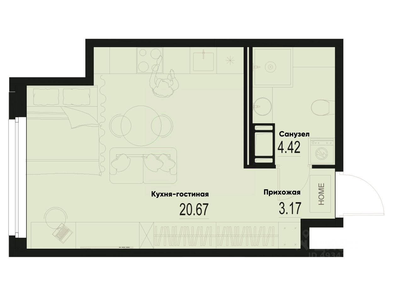 Студия, 28,3 м², 3/12 этаж