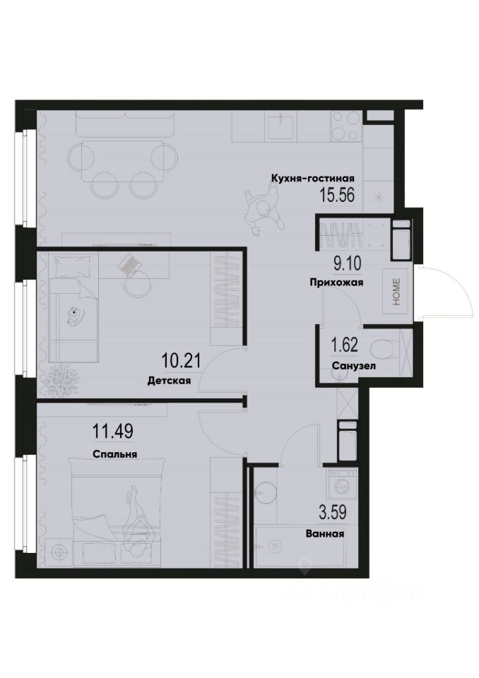 2-комн.кв., 51,6 м², 3/12 этаж
