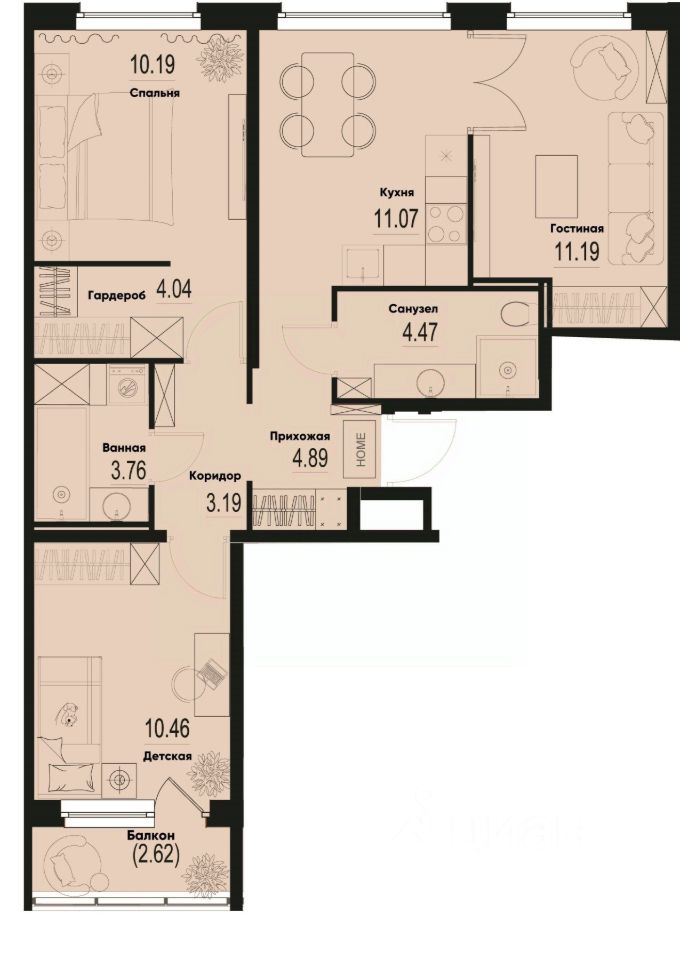 3-комн.кв., 64 м², 2/12 этаж