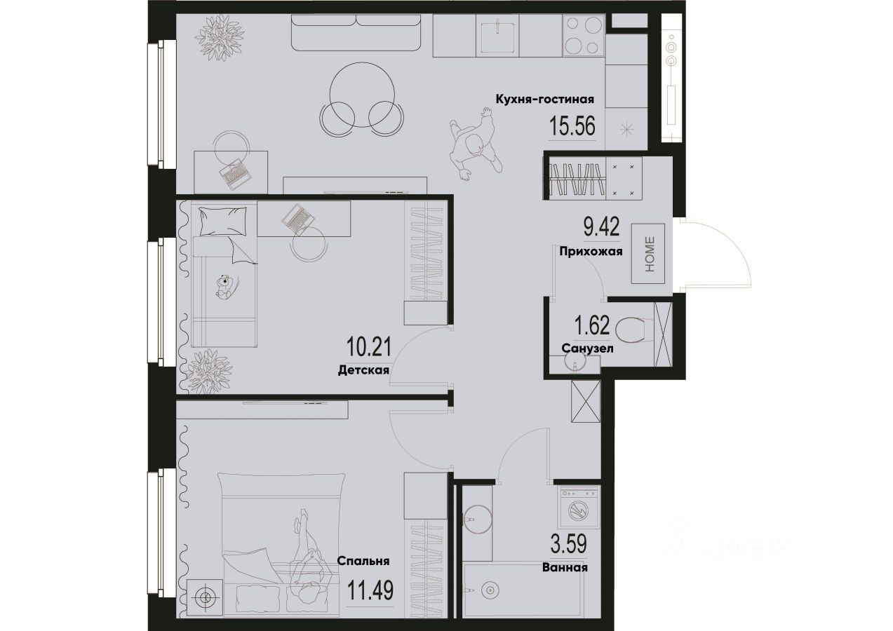 2-комн.кв., 51,9 м², 2/12 этаж