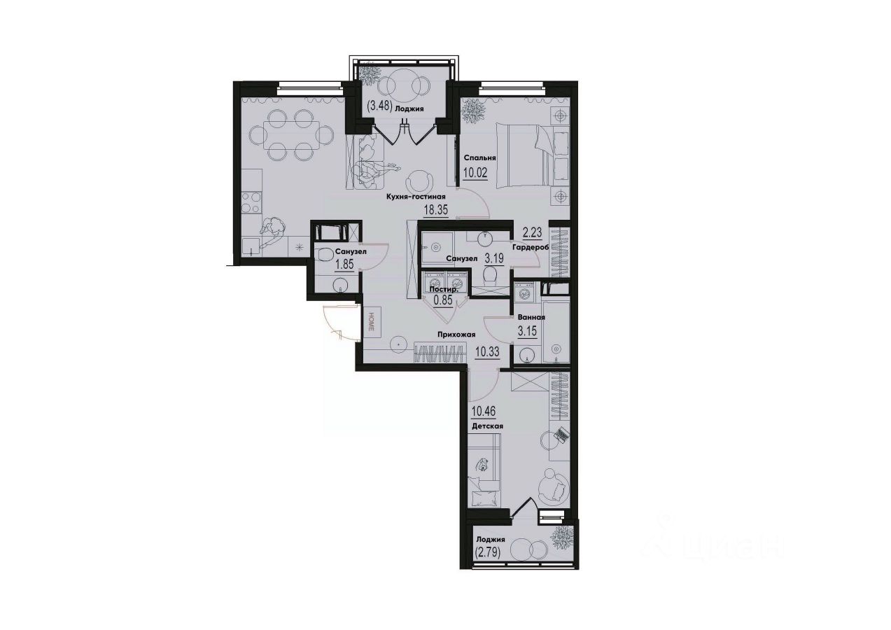 2-комн.кв., 63,6 м², 6/12 этаж