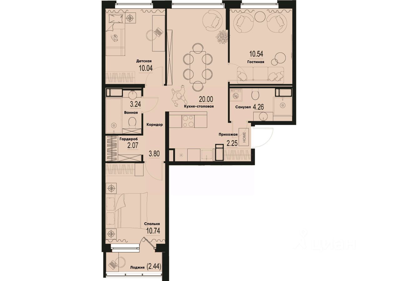3-комн.кв., 68,2 м², 2/12 этаж