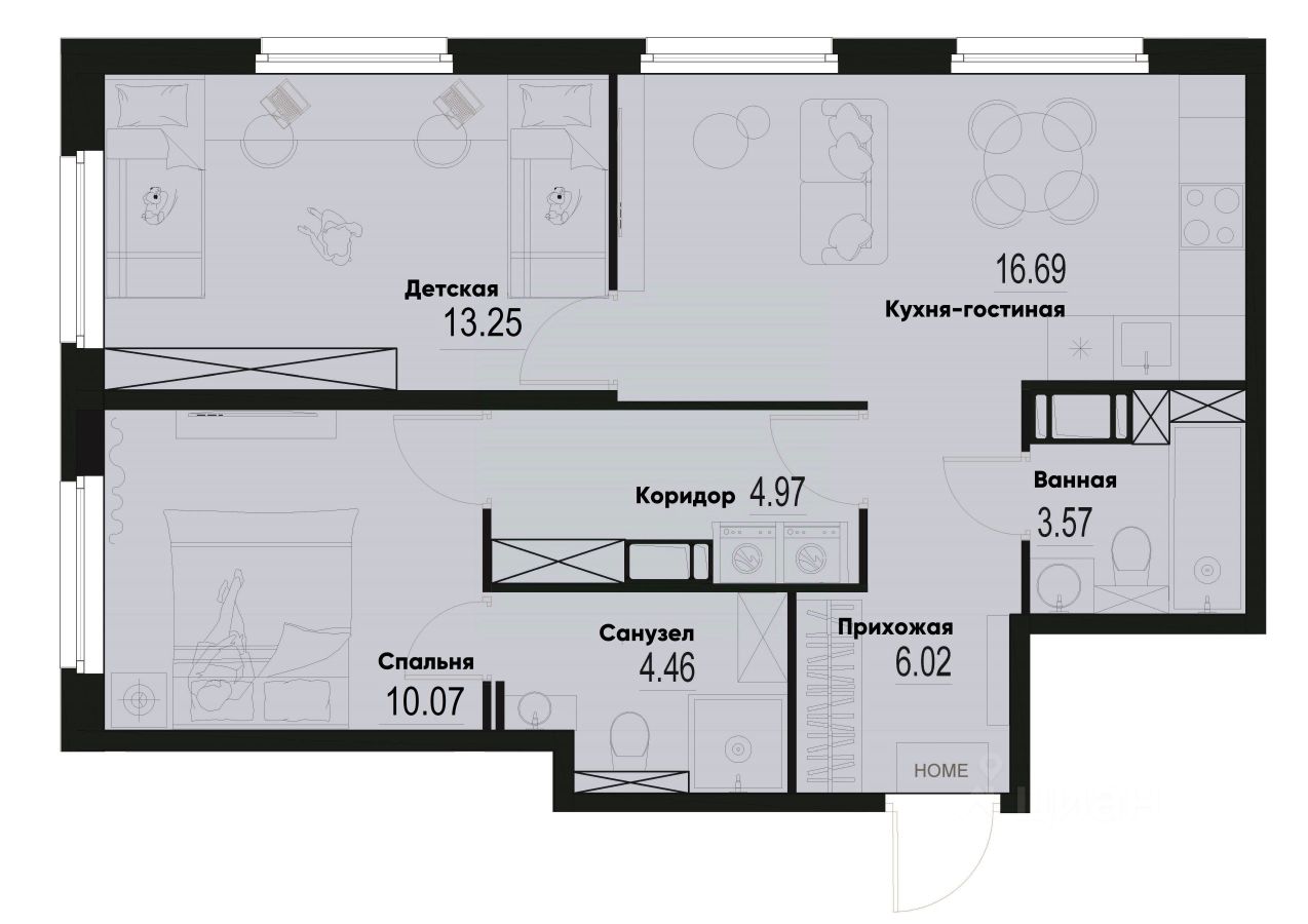 2-комн.кв., 59 м², 3/12 этаж