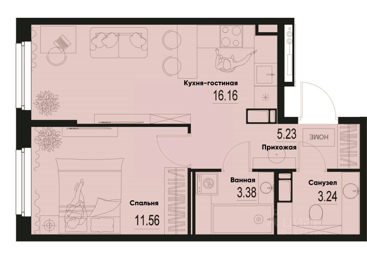 1-комн.кв., 39,6 м², 2/12 этаж