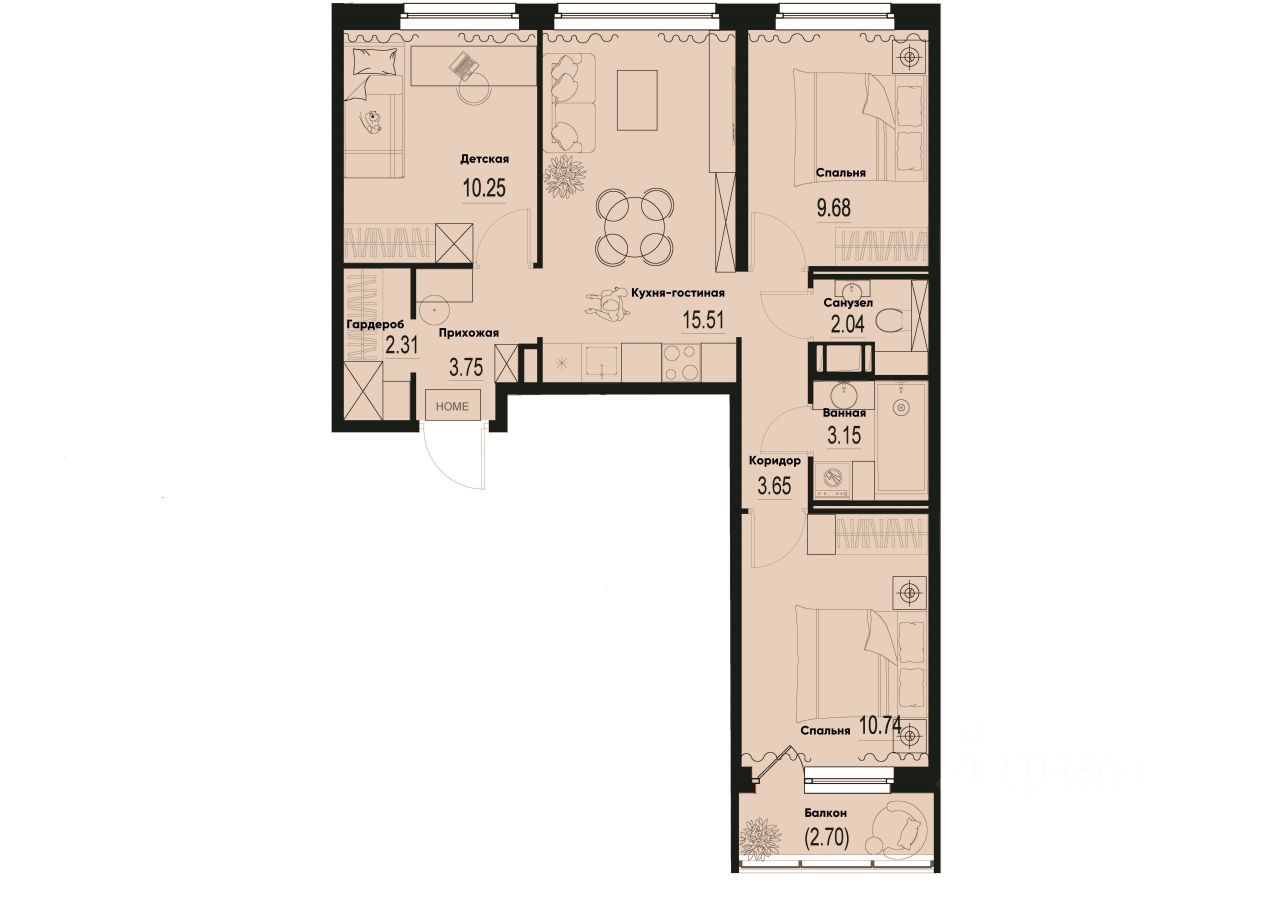 3-комн.кв., 61,9 м², 2/12 этаж