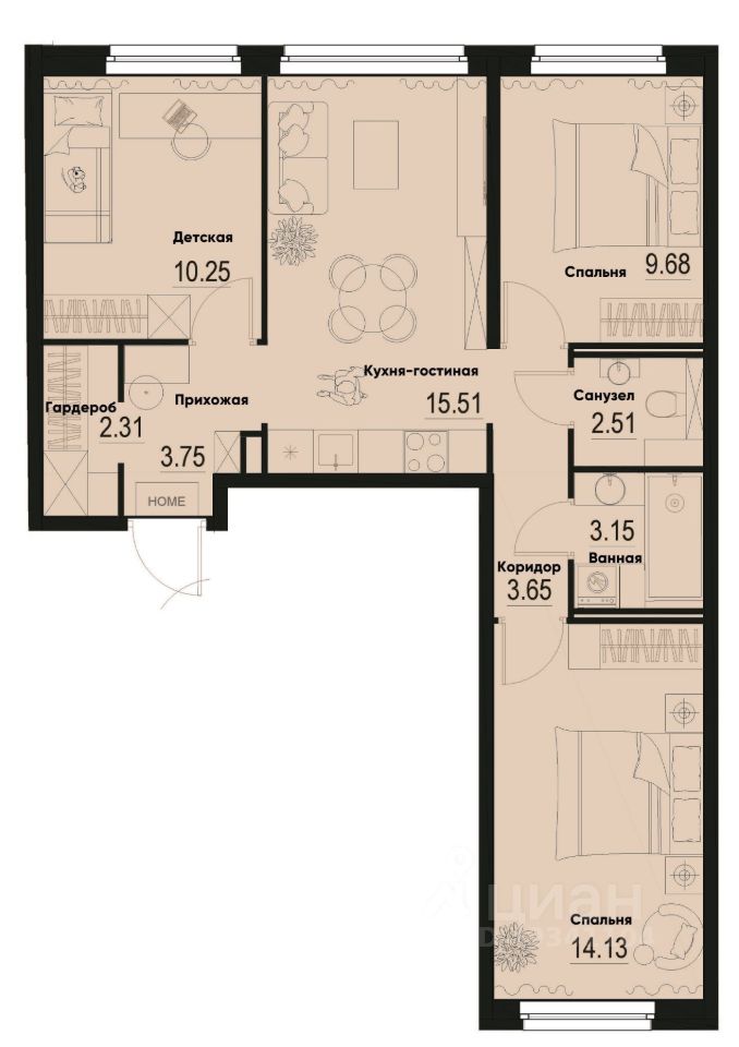 3-комн.кв., 64,9 м², 1/12 этаж