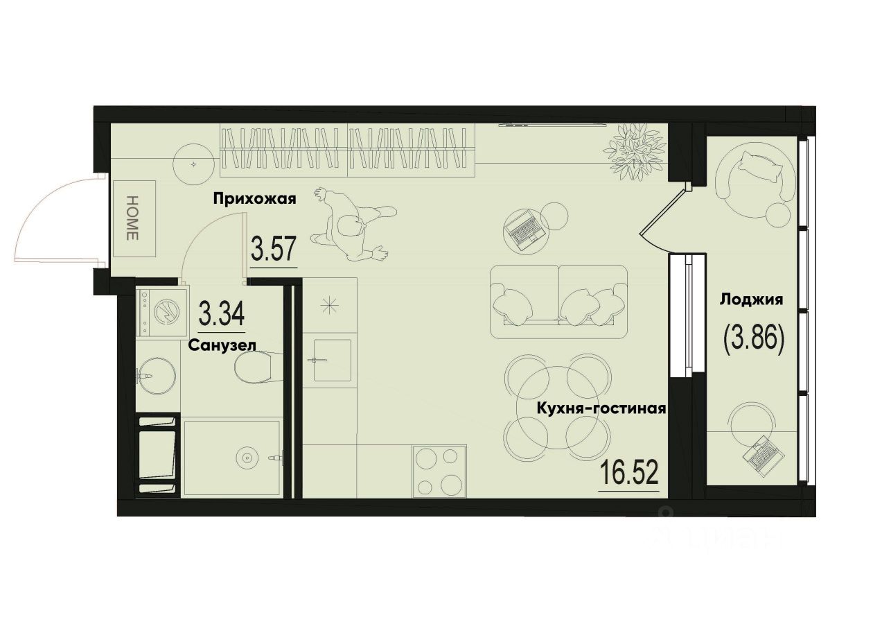 Студия, 25,4 м², 8/12 этаж
