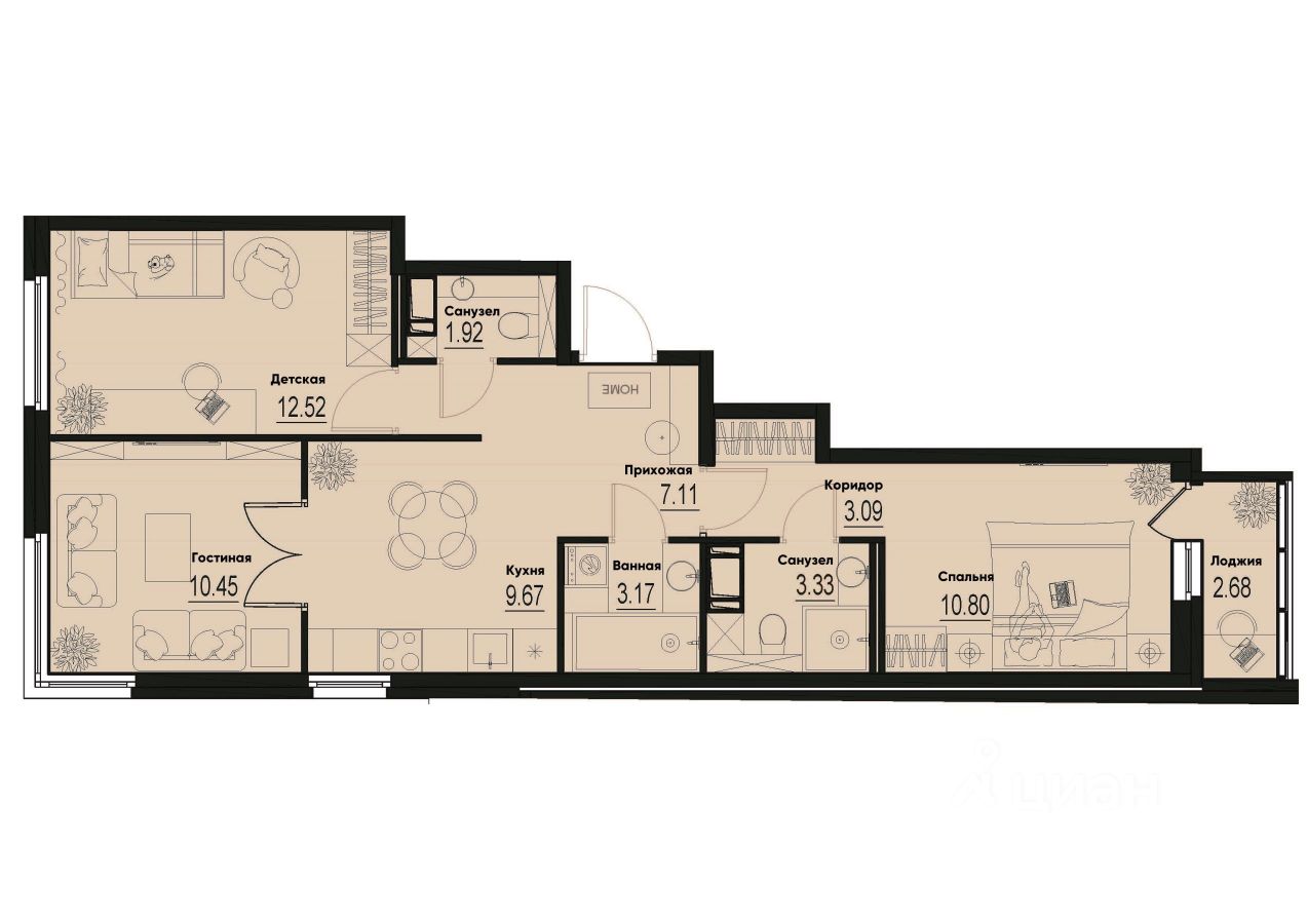 3-комн.кв., 63,4 м², 6/12 этаж