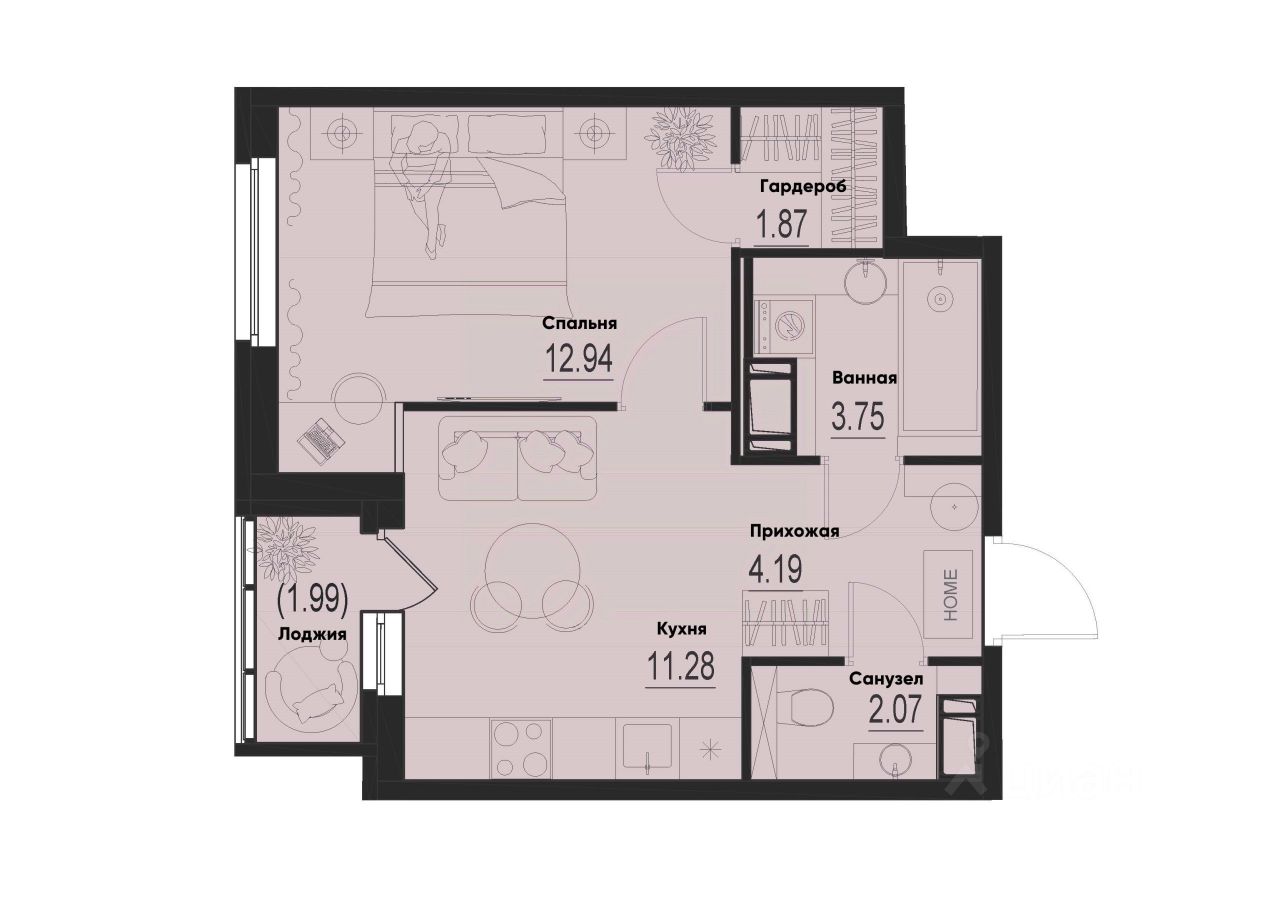 1-комн.кв., 37,1 м², 4/12 этаж