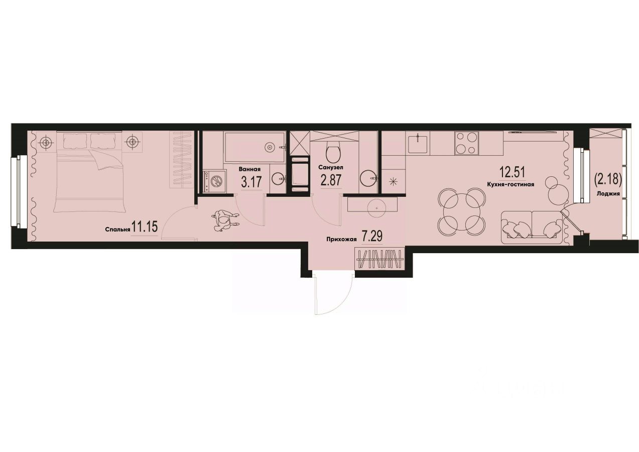 1-комн.кв., 38,1 м², 2/12 этаж