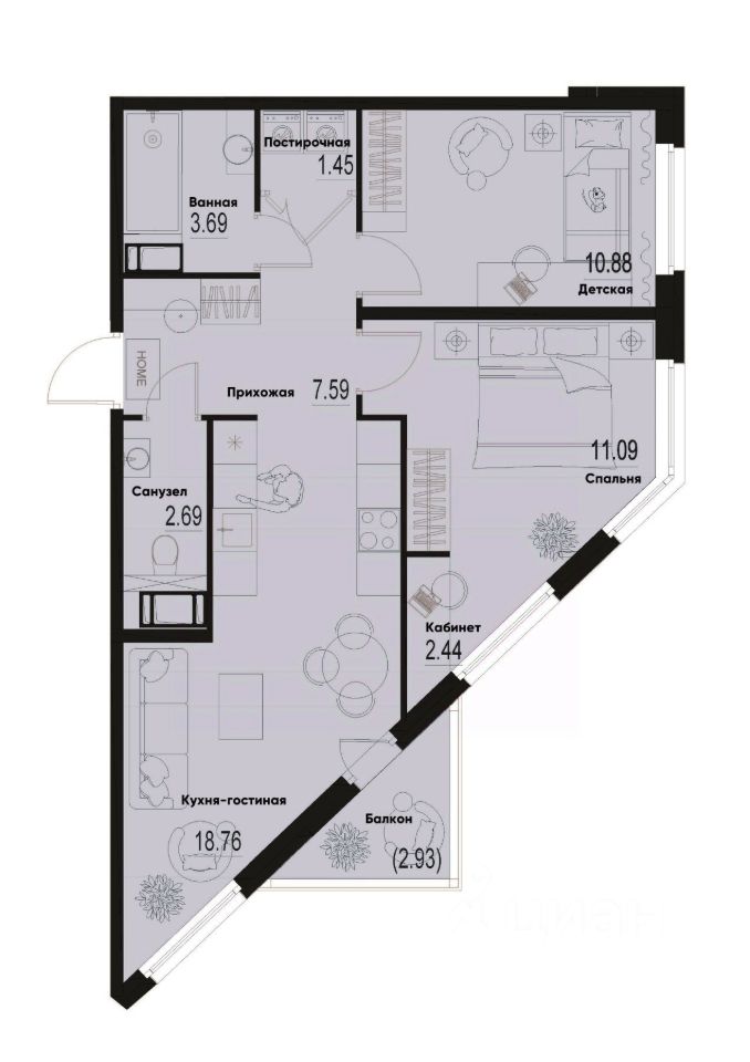 2-комн.кв., 59,5 м², 10/12 этаж