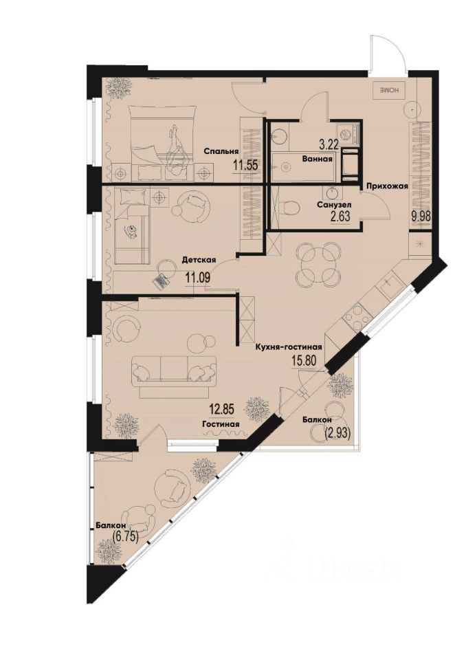 3-комн.кв., 70 м², 9/12 этаж
