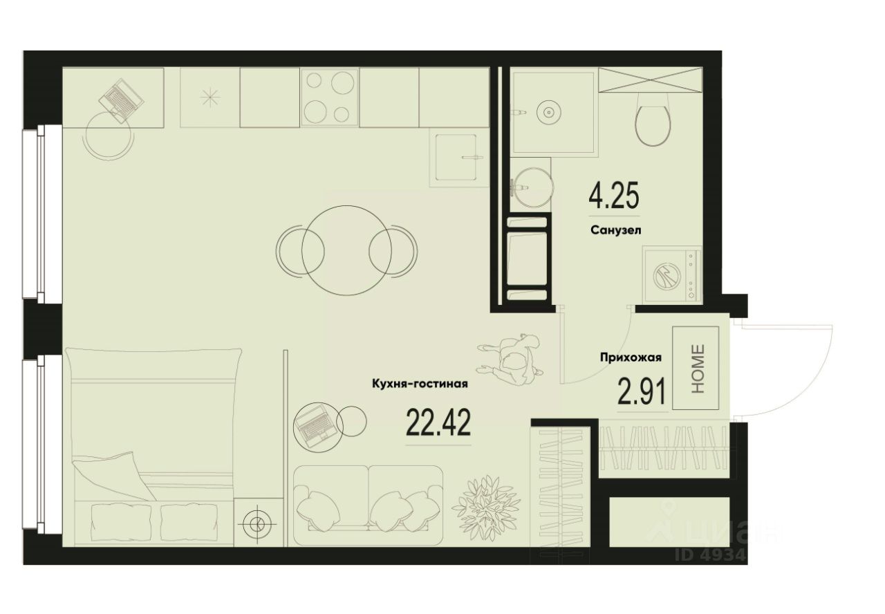 Студия, 29,6 м², 2/12 этаж