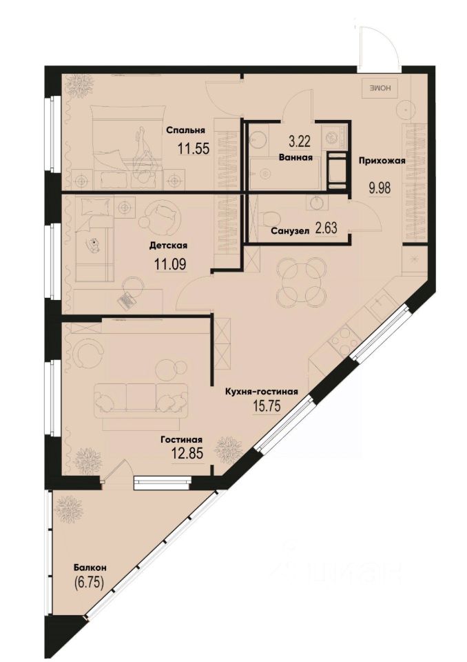 3-комн.кв., 69,1 м², 3/12 этаж