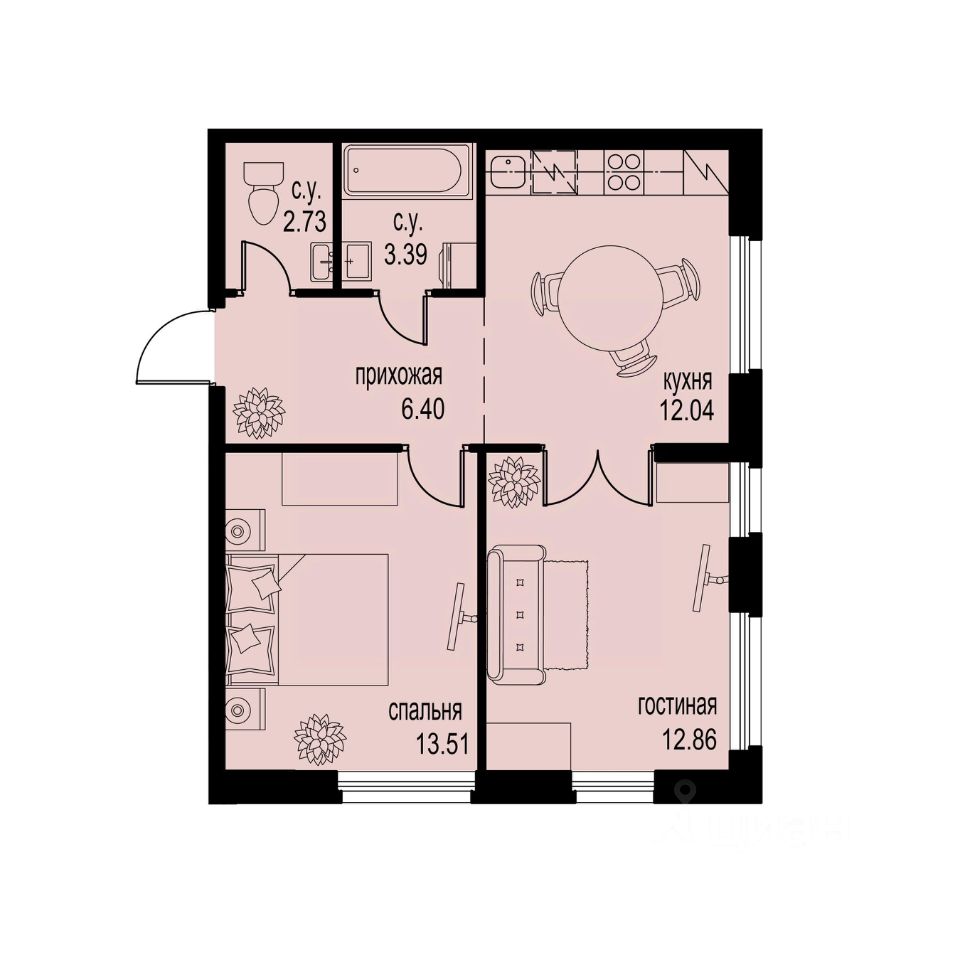 2-комн.кв., 50,9 м², 2/12 этаж