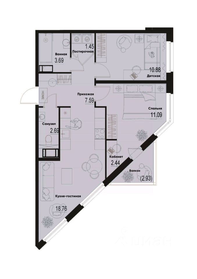 2-комн.кв., 59,5 м², 7/12 этаж