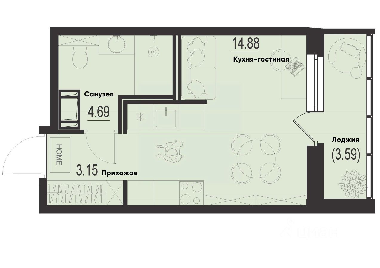 Студия, 24,5 м², 4/12 этаж