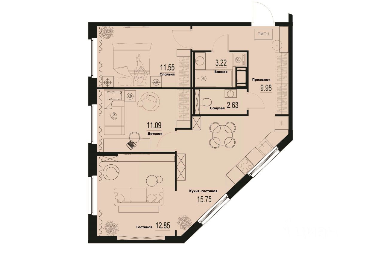 3-комн.кв., 67,1 м², 2/12 этаж