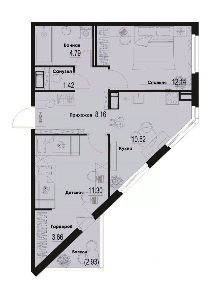 2-комн.кв., 53,2 м², 11/12 этаж