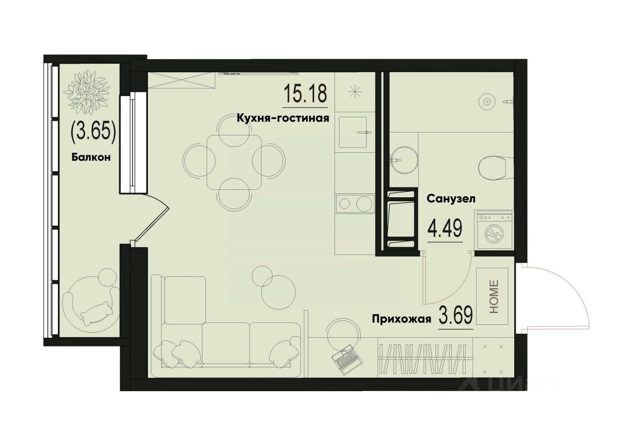 Студия, 24,4 м², 11/12 этаж